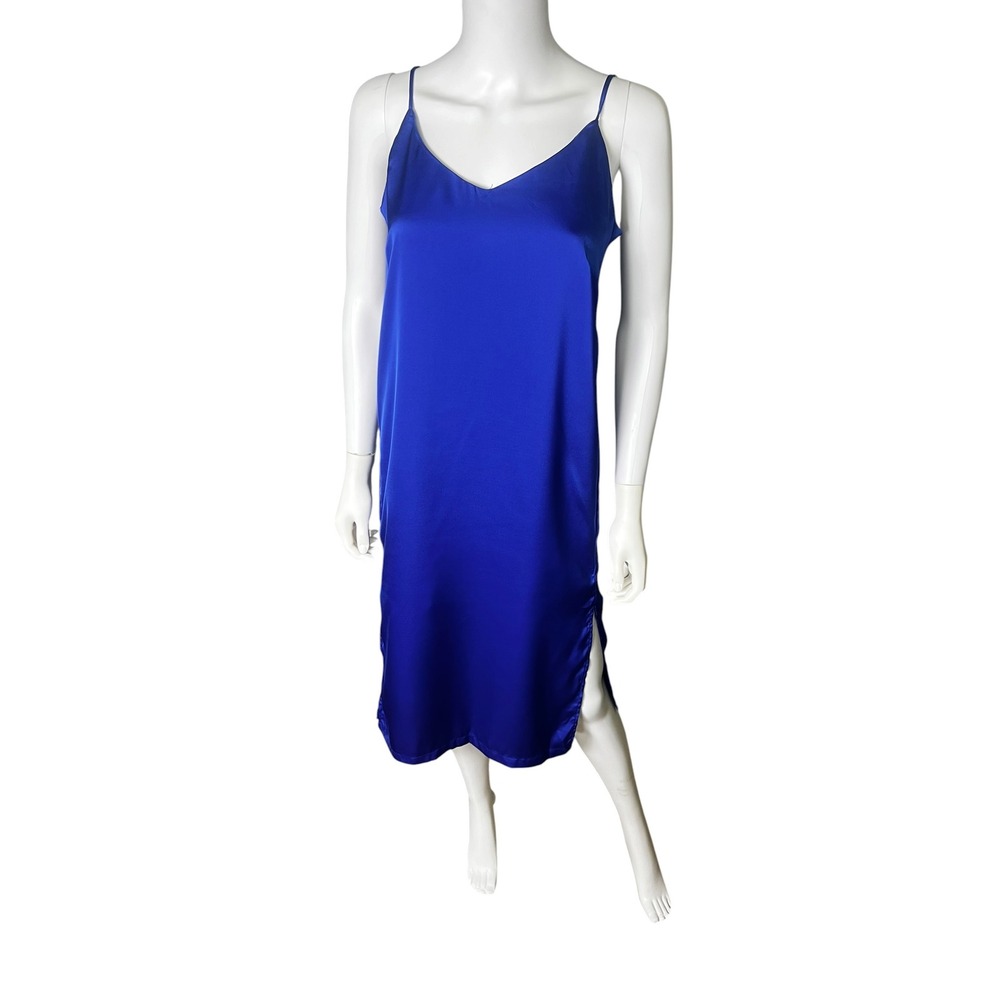 Shinestar Womens Satin Slip Dress Blue Midi Adjustable Straps Side Slit NWT S